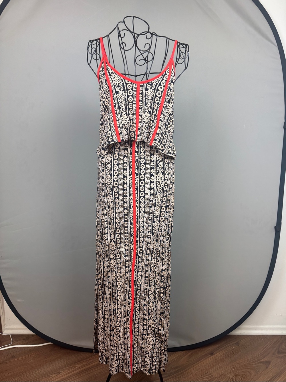 THML Black and Cream Printed Maxi Dress with Coral Trim